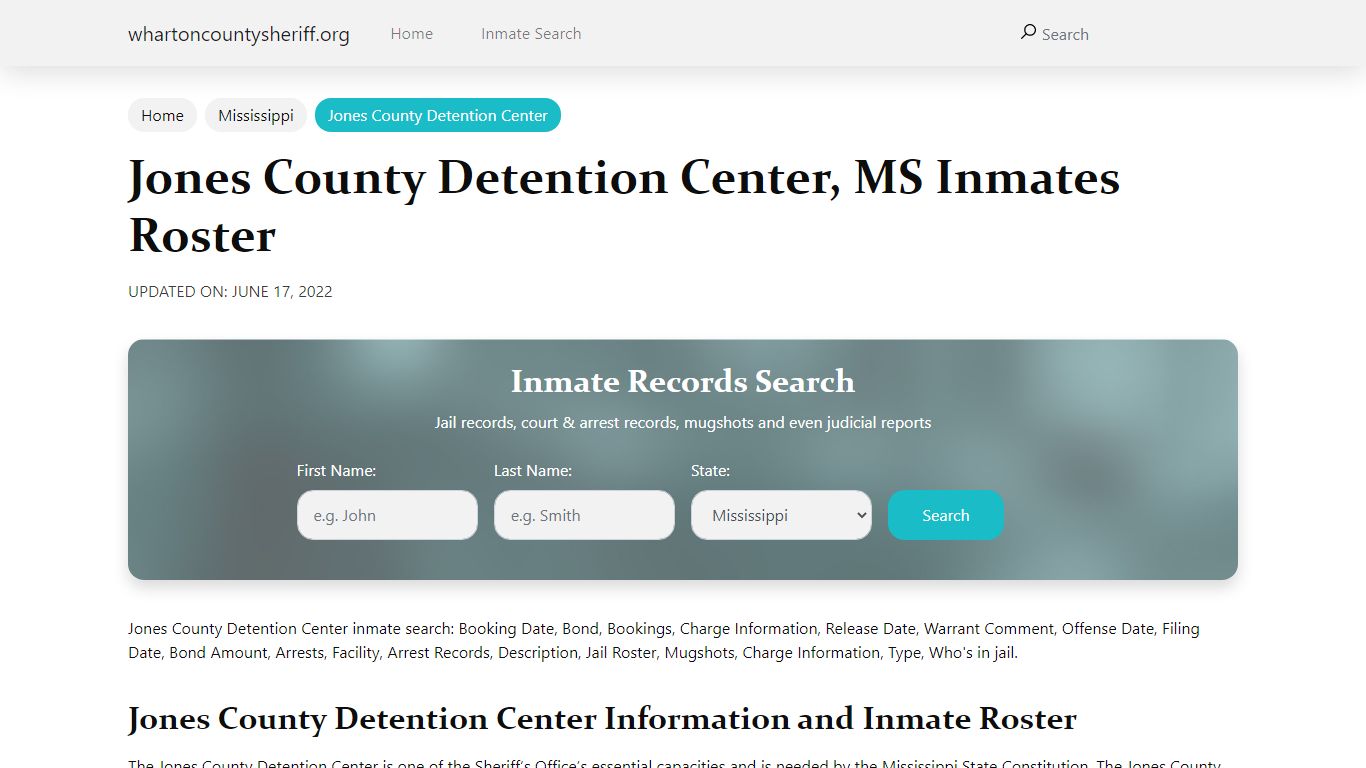 Jones County Detention Center, MS Jail Roster, Name Search